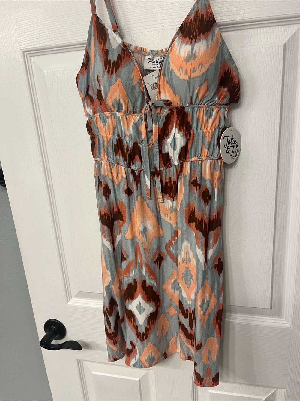 Jolie & Joy Printed Spaghetti Strap Dress - Teal, Coral, Brown